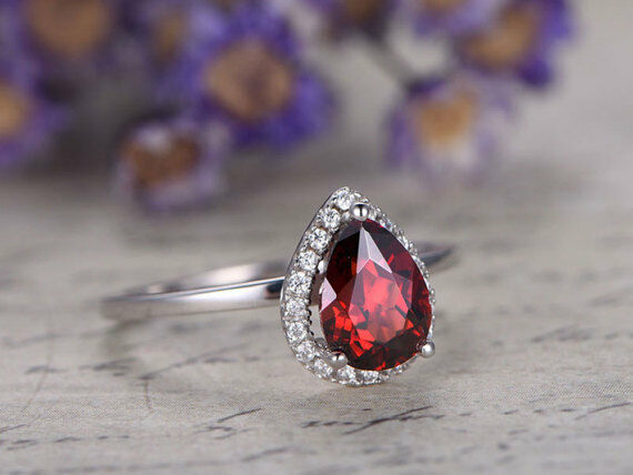 14k White Gold Over 1 Ct Pear Cut Garnet & Diamond Halo Engagement Wedding Ring - atjewels.in