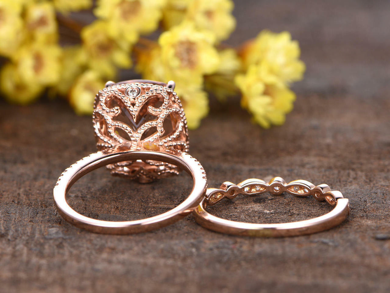 5 CT Cushion Cut Morganite Wedding Diamond Bridal Ring Set 14k Rose Gold Finish - atjewels.in