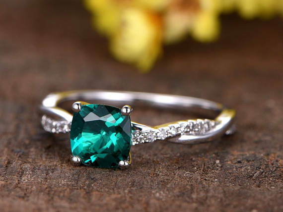 14k White Gold Over Princess Cut Emerald & Diamond Split Shank Engagement Ring - atjewels.in