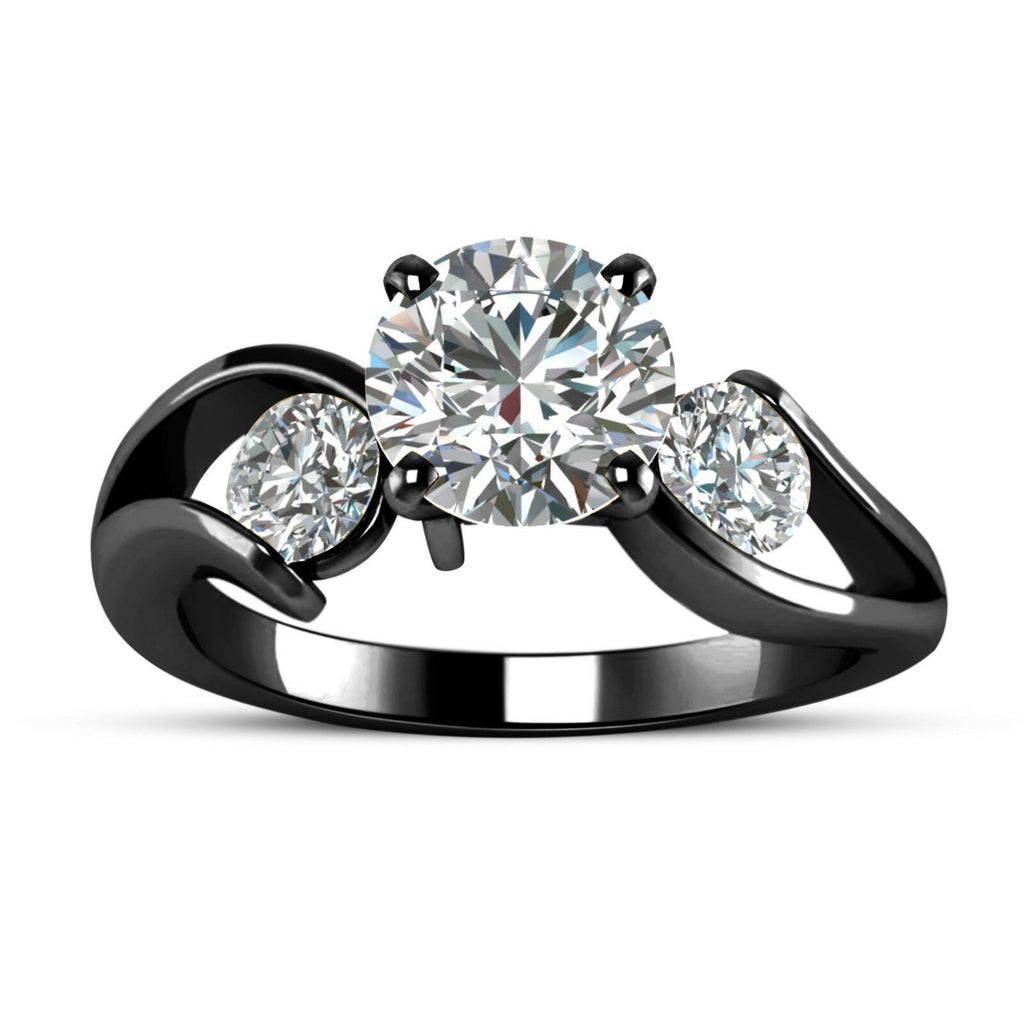 925 Sterling Full Black Round Cut Cubiz Zirconia Three Stone Ring For Women's - atjewels.in