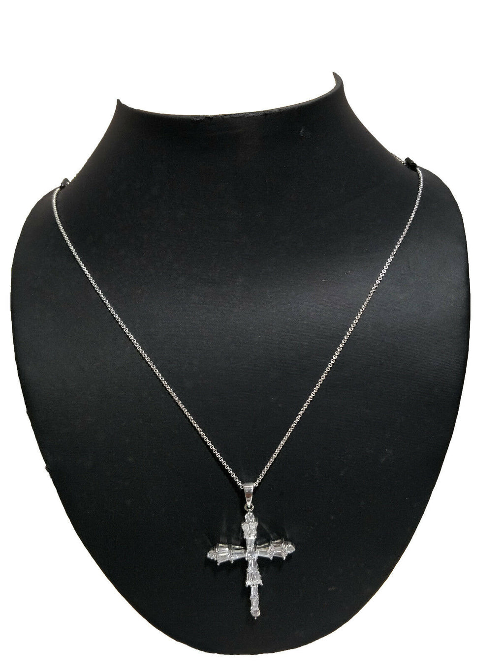 14k White Gold Over 1/2CT Round & Baguette Cut Diamond CROSS Pendant 16" W/Chain - atjewels.in