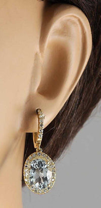 5 CT Oval Cut Aquamarine 14k Yellow Gold Over Halo Diamond Drop Dangle Earrings - atjewels.in