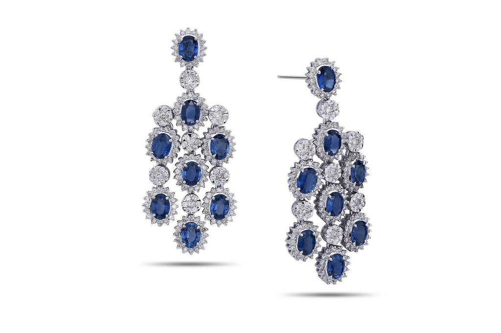 CT Oval Cut Blue Sapphire 925 Sterling Silver Diamond Chandelier Drop Earrings