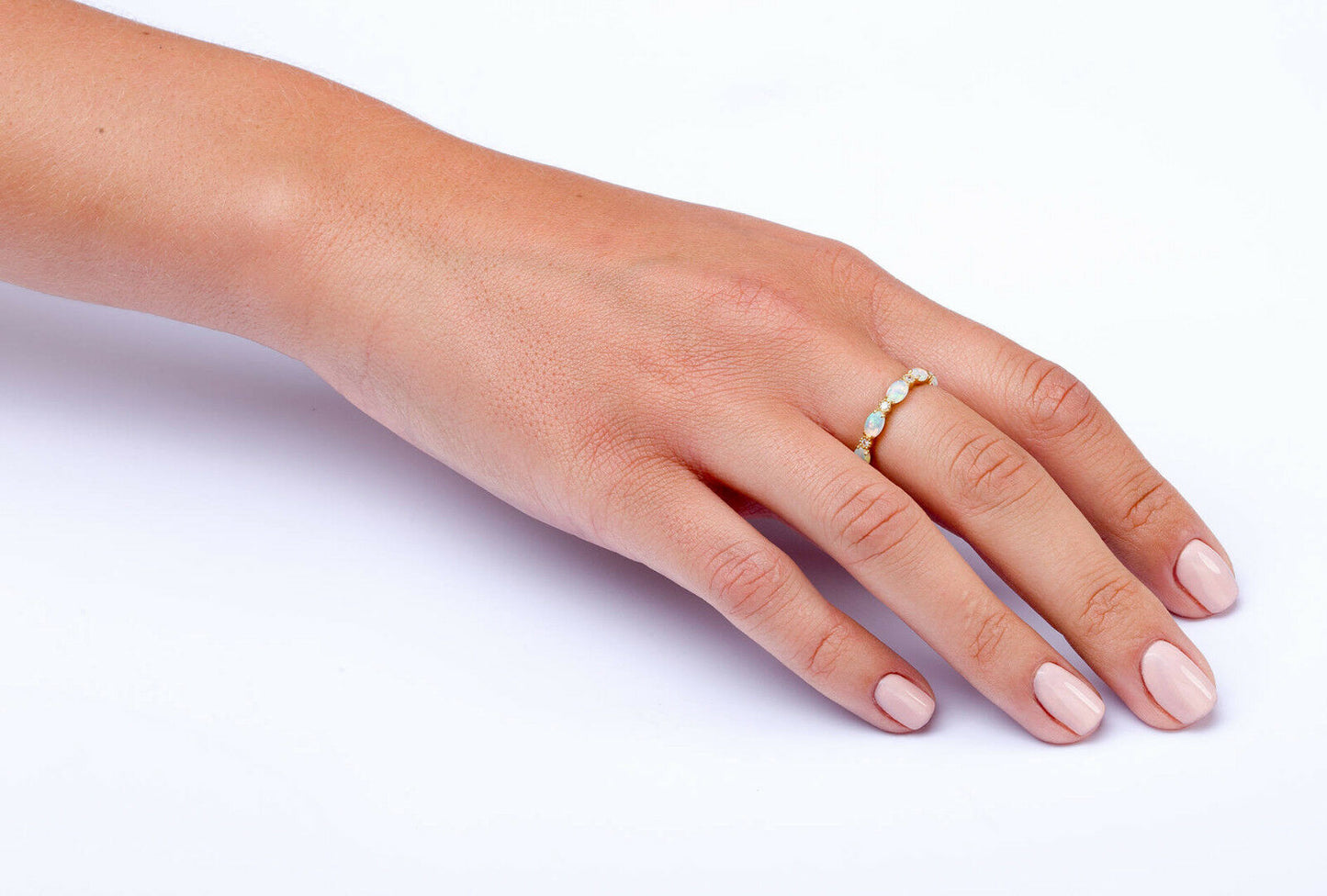 1.5 CT Oval Cut Australian Opal Eternity Wedding Band Ring 14k Yellow Gold Over - atjewels.in