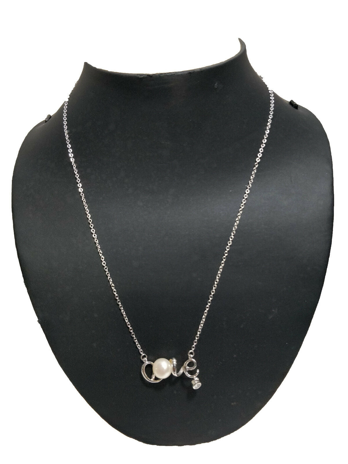 14k White Gold Over Round Cut Pearl & Diamond Tassel LOVE Pendant 16" Necklace - atjewels.in