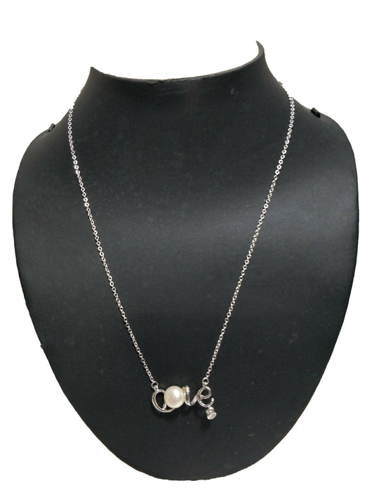 14k White Gold Over Round Cut Pearl & Diamond Tassel LOVE Pendant 16" Necklace - atjewels.in