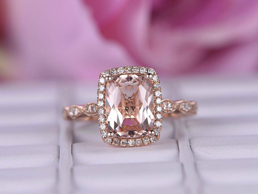 2 CT Cushion Cut Morganite Engagement Diamond 14k Rose Gold FN Halo Wedding Ring - atjewels.in