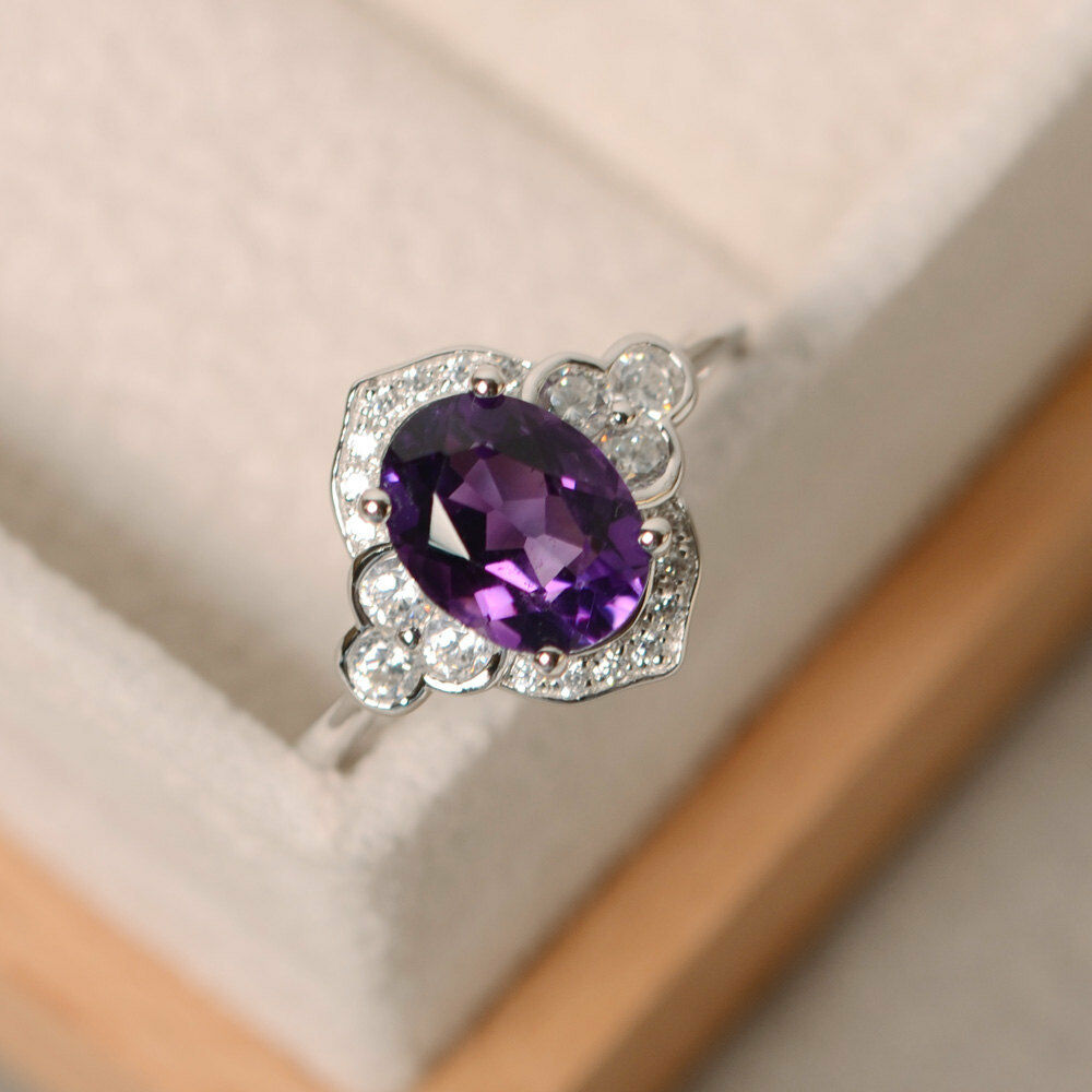 1.5 CT Oval Cut Amethyst 14k White Gold Over Halo Flower Engagement Diamond Ring - atjewels.in