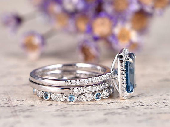 3 CT Emerald Cut Topaz Halo Engagement Diamond 14k White Gold Over Wedding Ring - atjewels.in