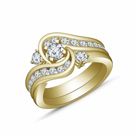 Round Cut Diamond 14k Yellow Gold Finish On 925 Sterling Silver Bridal Set Engagement Wedding Band Ring