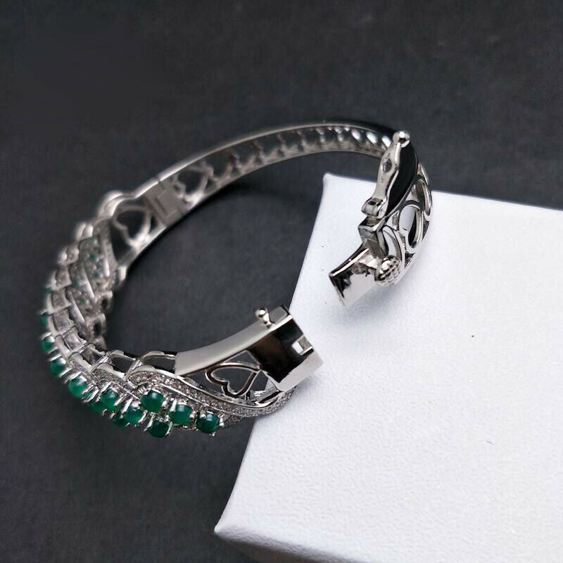 10 CT Round Cut Green Agate & Diamond 14k White Gold Over Hinged Bangle Bracelet - atjewels.in
