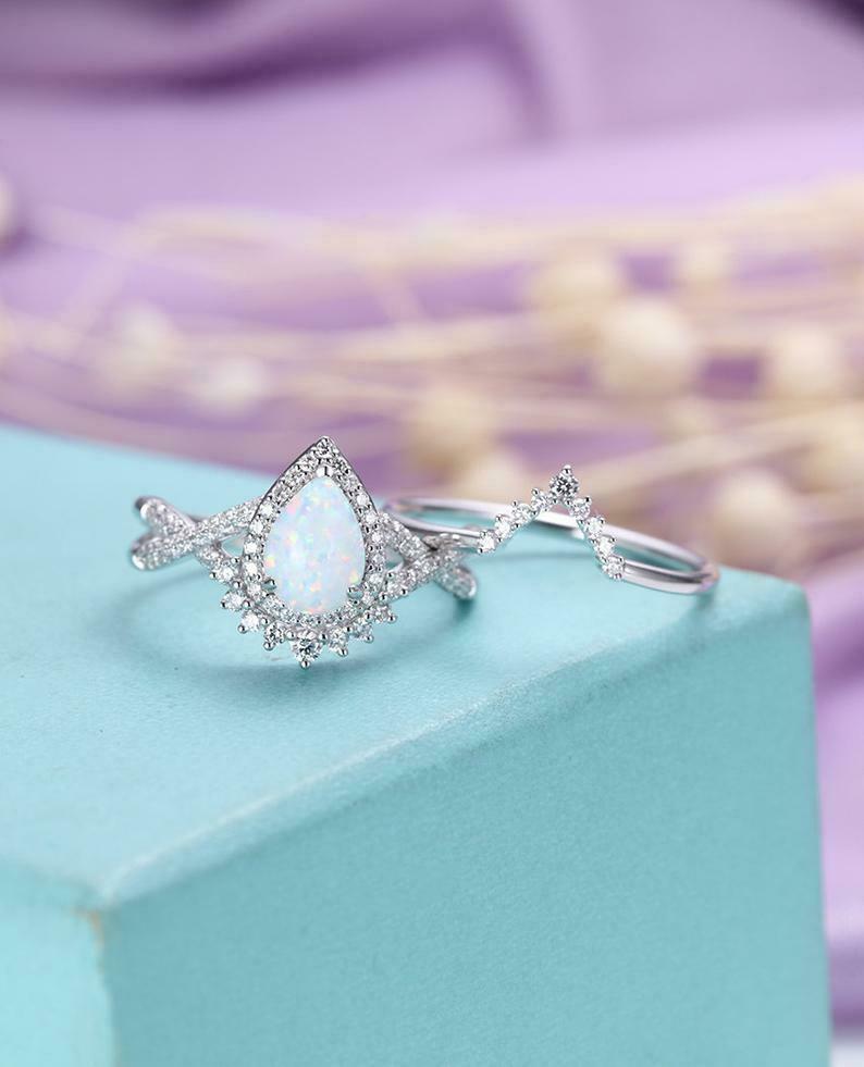 2 CT Pear Cut White Fire Opal 14k White Gold Over Diamond Vintage Halo Ring Set - atjewels.in