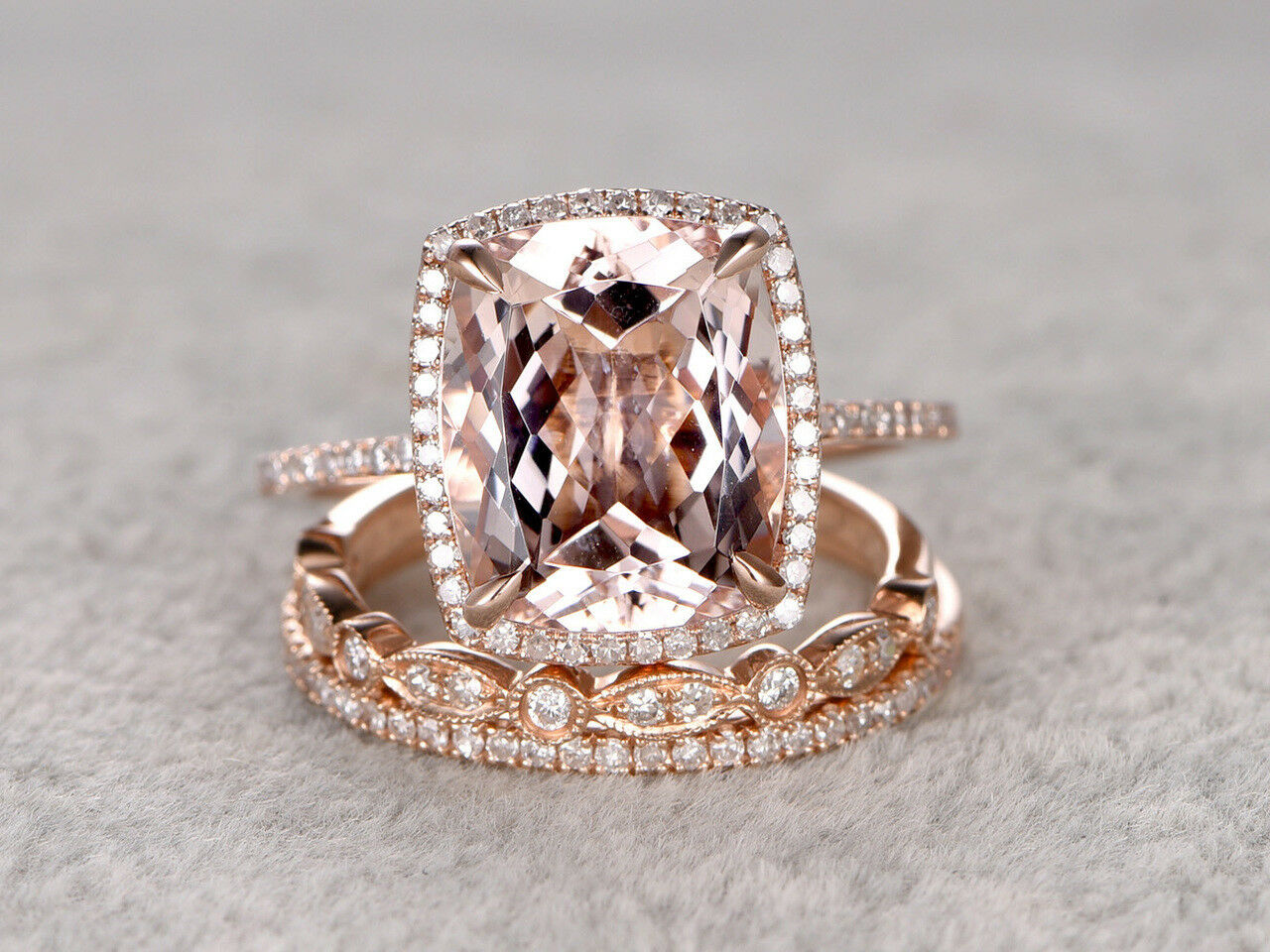 2 CT Cushion Cut Morganite Wedding Set Trio Diamond Ring 14k Rose Gold Over - atjewels.in