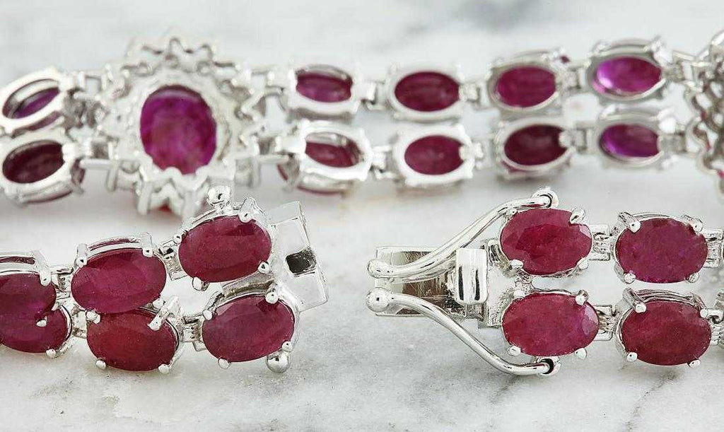 20 CT Oval Cut Red Ruby 14k White Gold Over Two Row Tennis Floral 7" Bracelet - atjewels.in