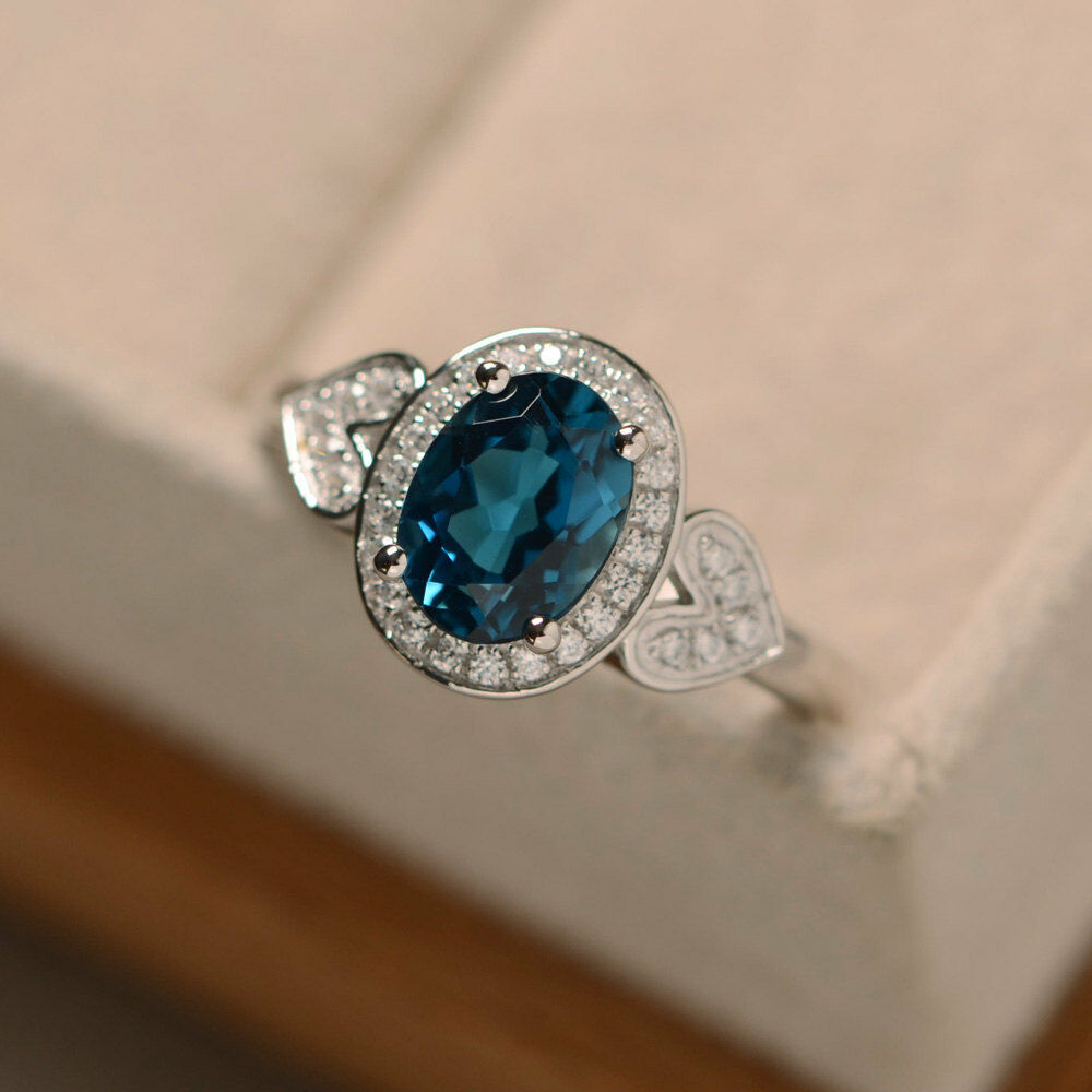 2 CT Oval Cut London Blue Topaz 14k White Gold Over Halo Heart Diamond Ring - atjewels.in