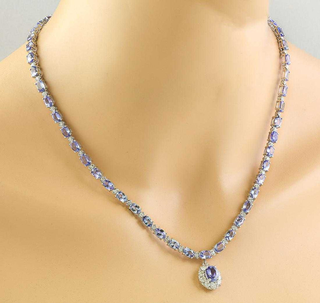 30CT Oval Cut Tanzanite 14k White Gold Over Diamond Halo Drop Tennis18" Necklace - atjewels.in