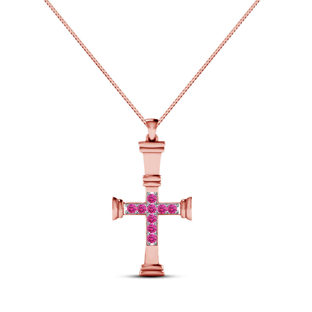 Beautiful Rose Gold Over 925 Sterling Silver Pink Sapphire Cross Pendant - atjewels.in