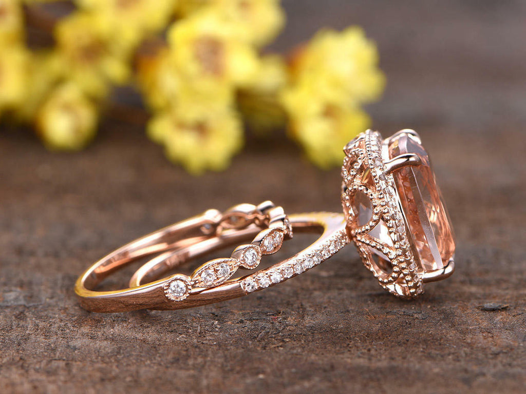 5 CT Cushion Cut Morganite Wedding Diamond Bridal Ring Set 14k Rose Gold Finish - atjewels.in