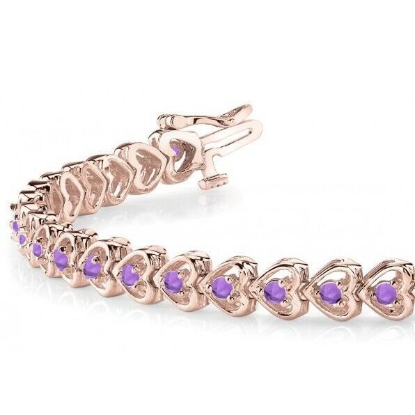 8 CT Round Cut Amethyst 14K  Rose Gold Over 7'' Tennis Link Heart Bracelet - atjewels.in