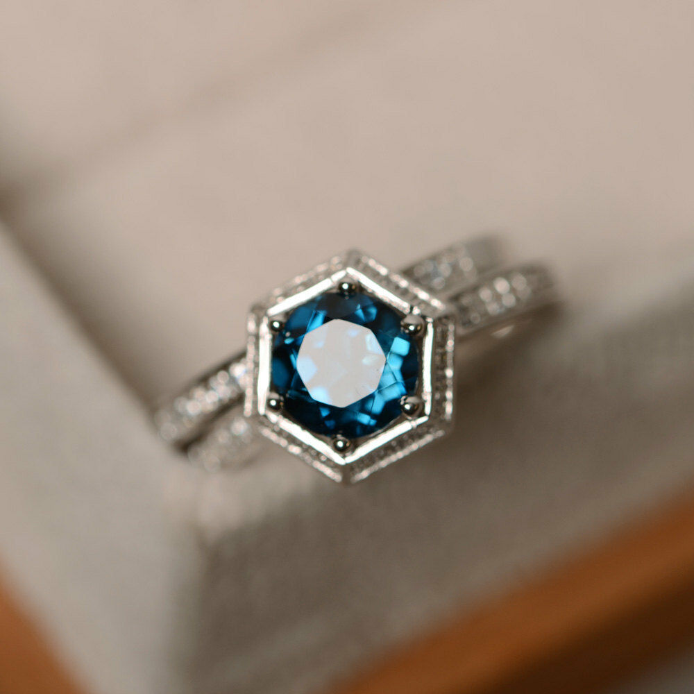 14k White Gold Over 2CT Round Cut London Blue Topaz Halo Diamond Engagement Ring - atjewels.in