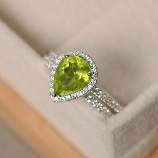 2 CT Pear Cut Peridot 14k White Gold Over Diamond Halo Bridal Wedding Ring Set - atjewels.in