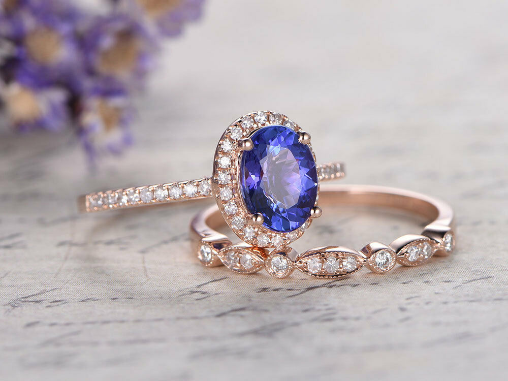 2 CT Oval Cut Tanzanite Engagement Diamond 14k Rose Gold Finish Wedding Ring Set - atjewels.in