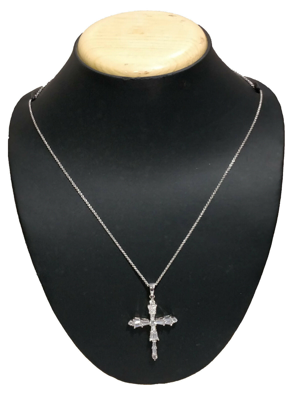 14k White Gold Over 1/2CT Round & Baguette Cut Diamond CROSS Pendant 16" W/Chain - atjewels.in