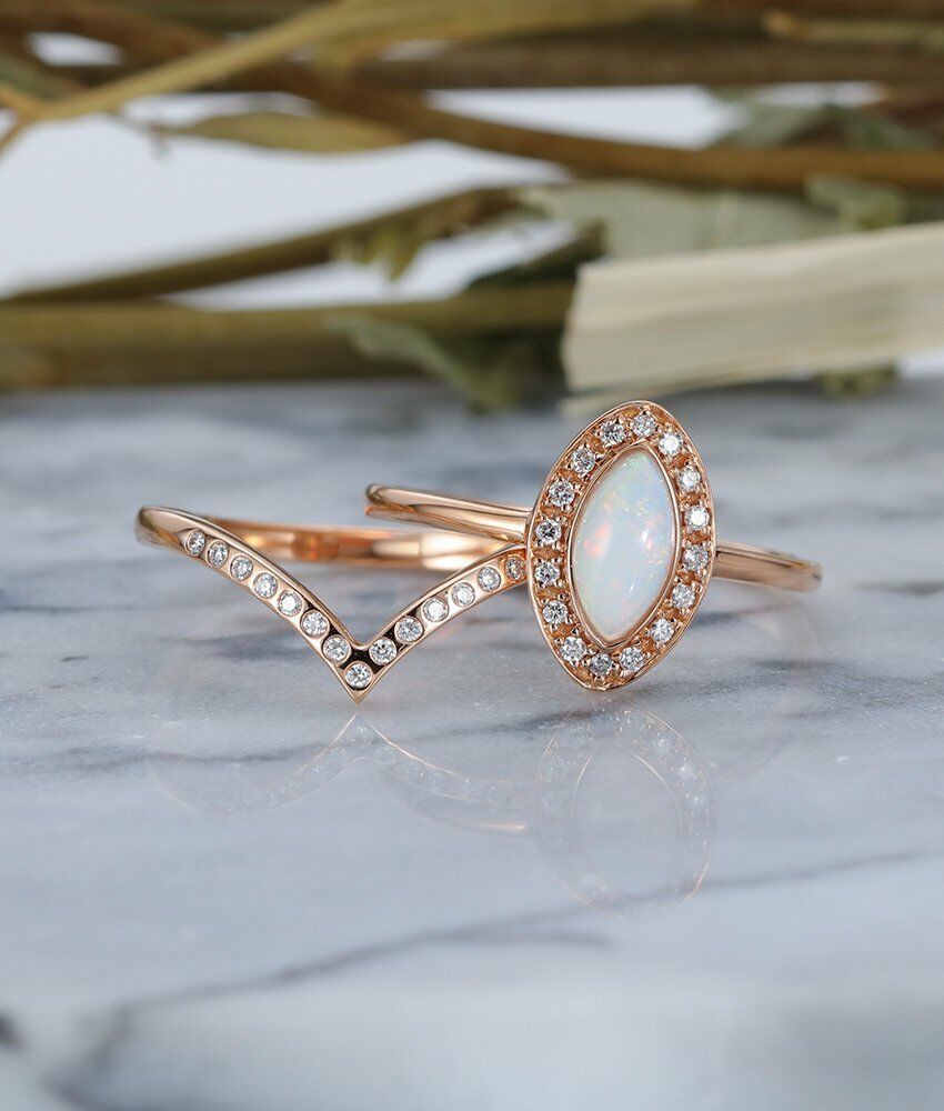 2CT Marquise Cut Fire Opal 14k Rose Gold Over Engagement Diamond Bridal Ring Set - atjewels.in