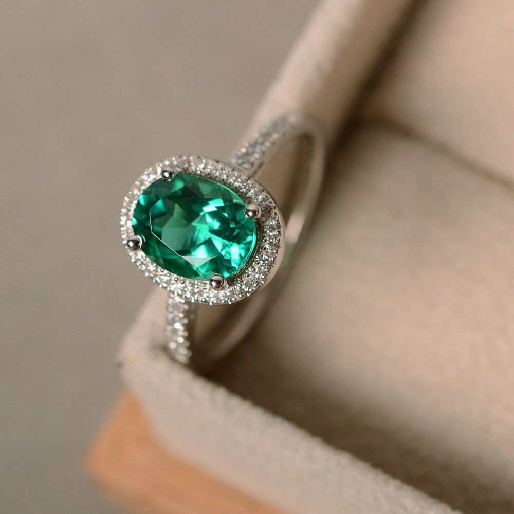1.5 CT Oval Cut Emerald 14k White Gold Over Halo Diamond Engagement Wedding Ring - atjewels.in