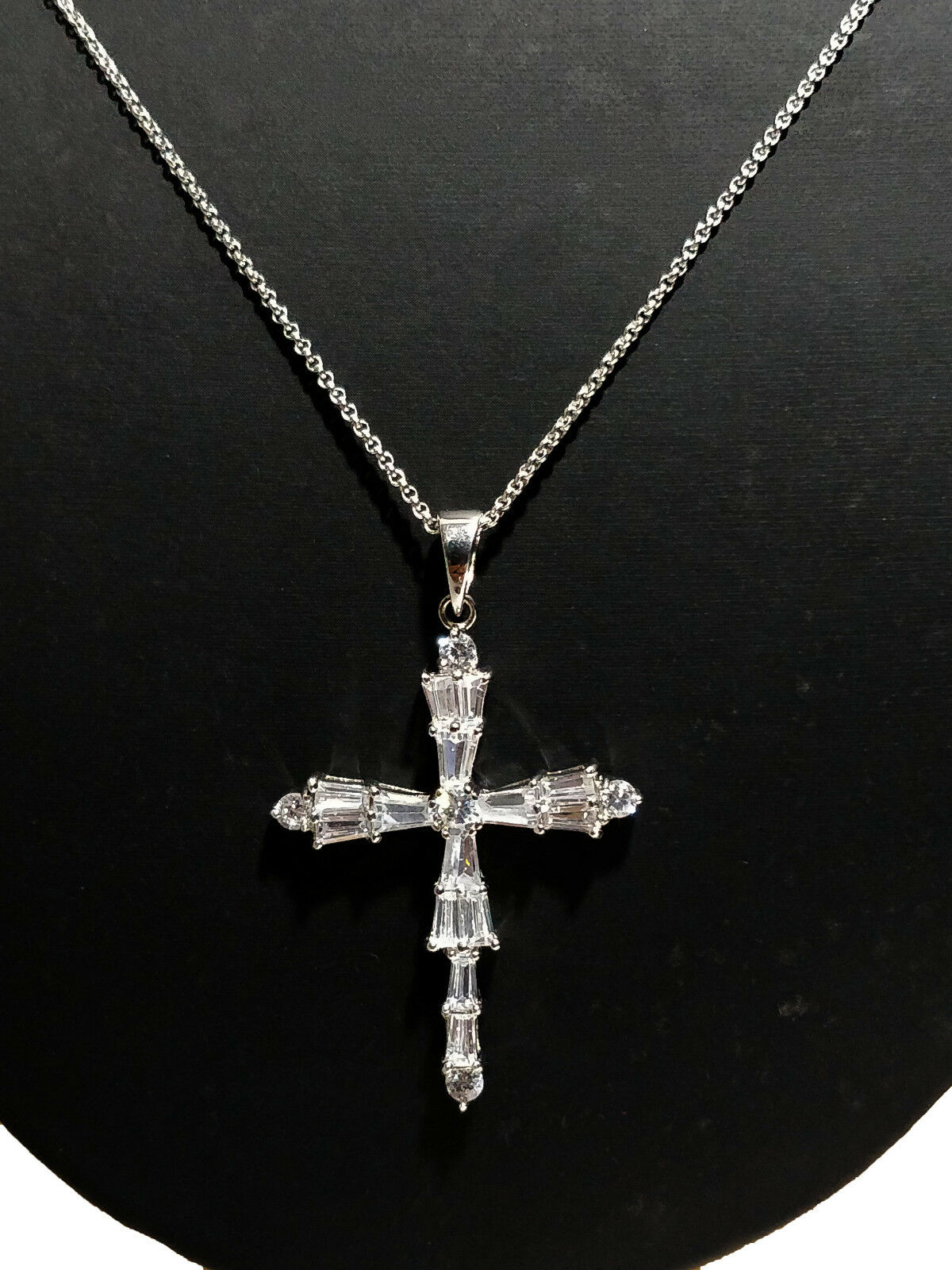 14k White Gold Over 1/2CT Round & Baguette Cut Diamond CROSS Pendant 16" W/Chain - atjewels.in