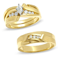 14K Yellow Gold Over 1 CT Marquise & Round Cut Diamond His & Her Trio Ring Set - atjewels.in