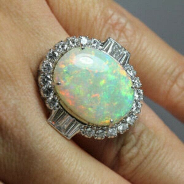 8CT Oval Cut Fire Opal 14k White Gold Over Halo Diamond Cocktail Party Wear Ring - atjewels.in