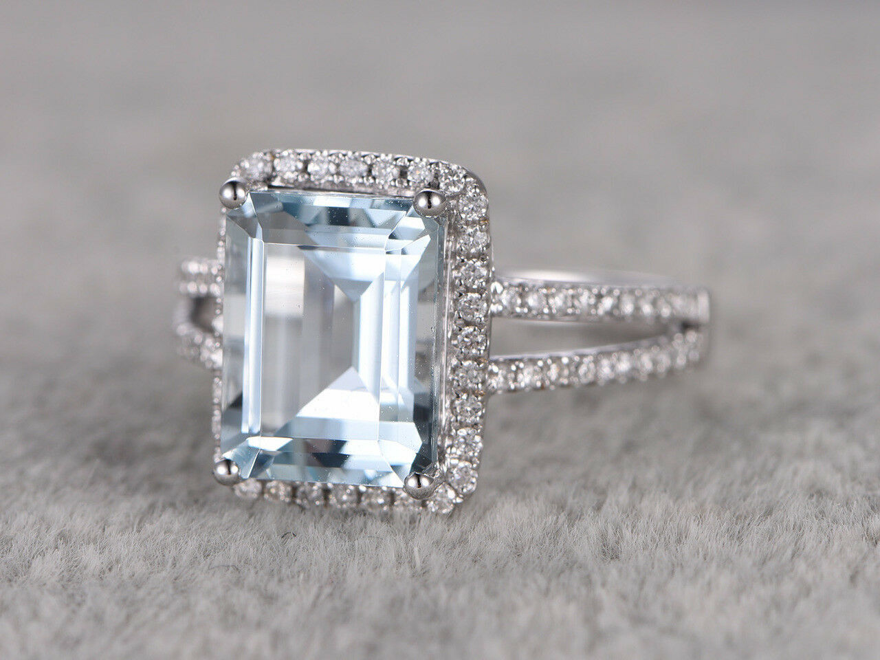 14k White Gold Over 4 CT Emerald Cut Aquamarine & Diamond Halo Split Shank Ring - atjewels.in