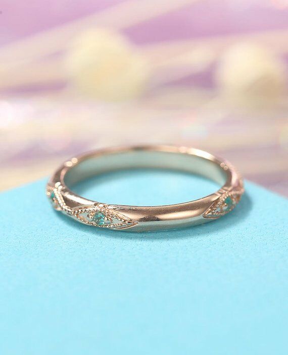 14k Rose Gold Over 0.35 CT Round Cut Green Emerald Wedding Anniversary Band Ring - atjewels.in