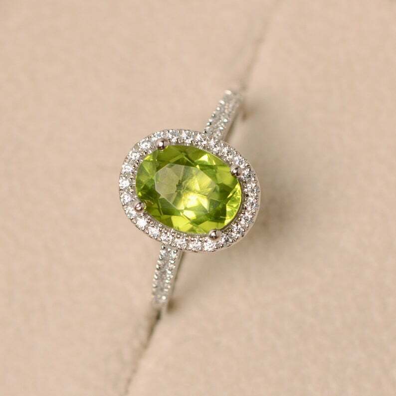 1/2 Ct Oval Cut Peridot 14k White Gold Over Halo Engagement Wedding Diamond Ring - atjewels.in