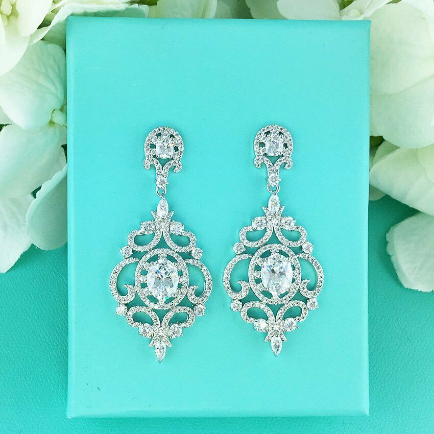 3 CT Oval Round Cut Diamond 14k White Gold Over Cluster Chandelier Drop Earrings - atjewels.in