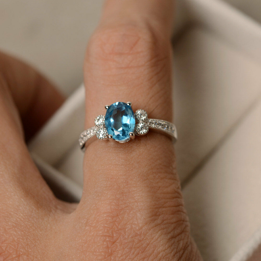 1 CT Oval Swiss Blue Topaz 14k White Gold Over Diamond Solitaire Engagement Ring - atjewels.in