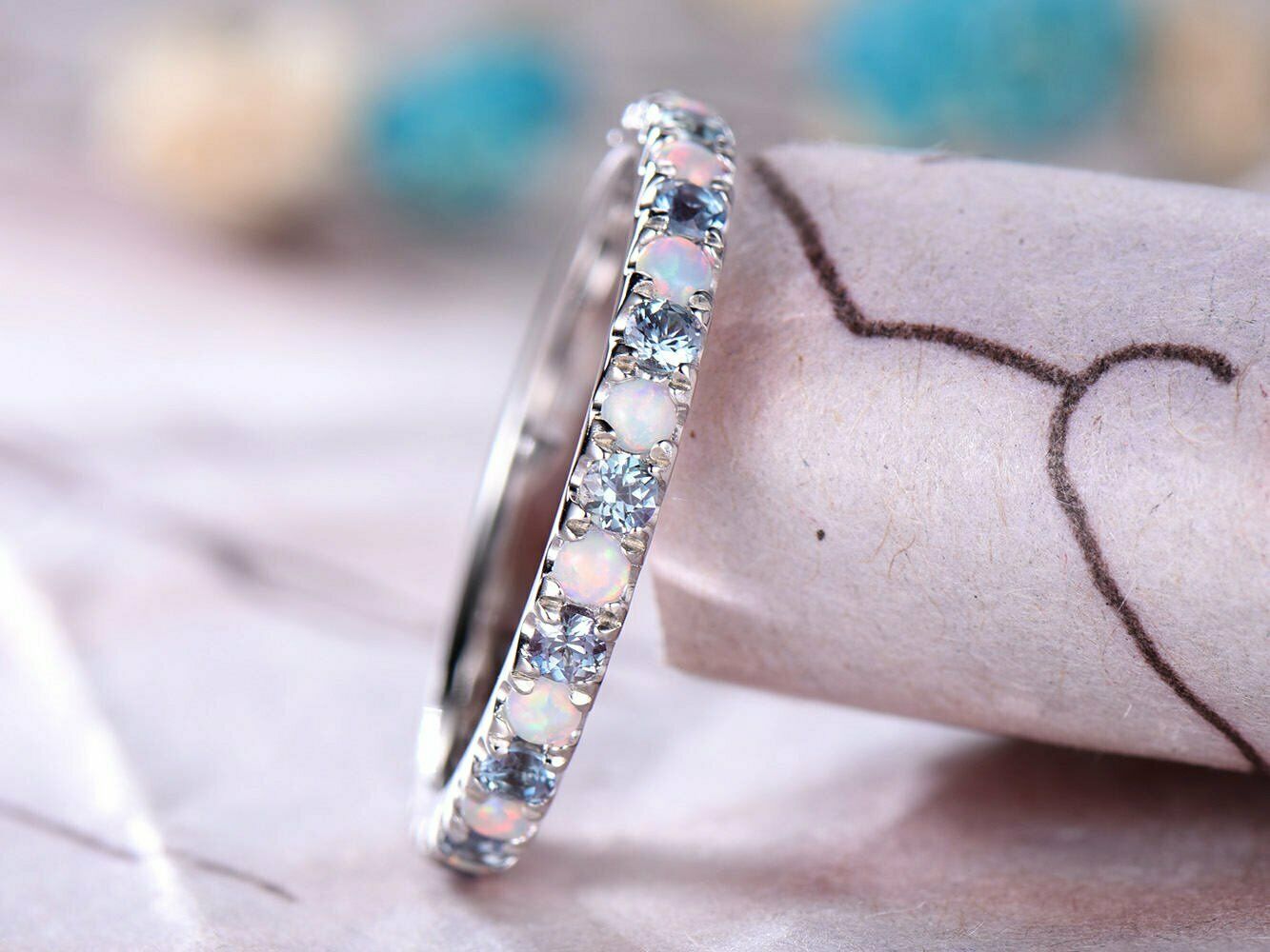 1.5 CT Round Cut Alexandrite Opal 14k White Gold Over Eternity Wedding Band Ring - atjewels.in