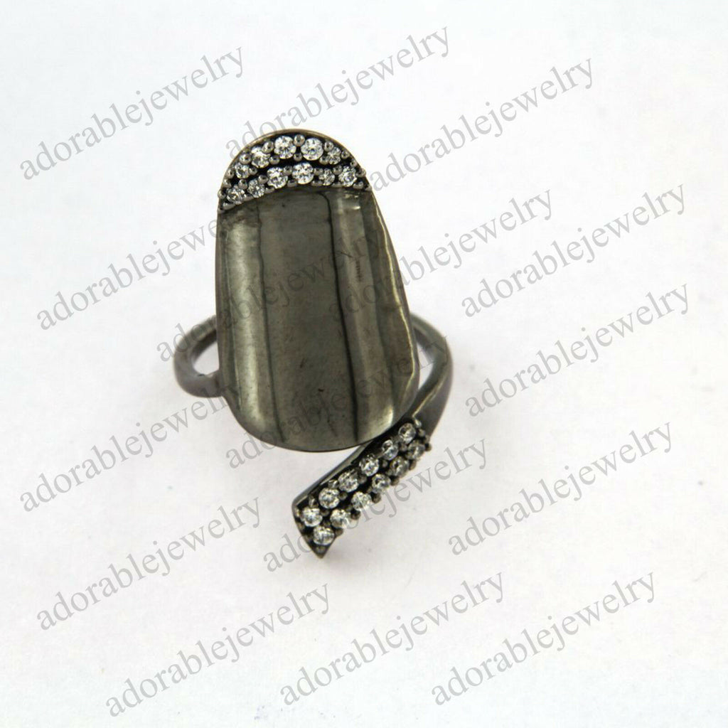 Full Black Rhodium On .925 Sterling Silver White Diamond Adjustable Nail Ring - atjewels.in