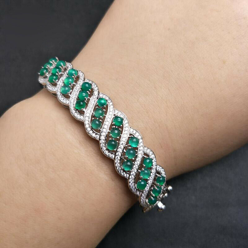 10 CT Round Cut Green Agate & Diamond 14k White Gold Over Hinged Bangle Bracelet - atjewels.in