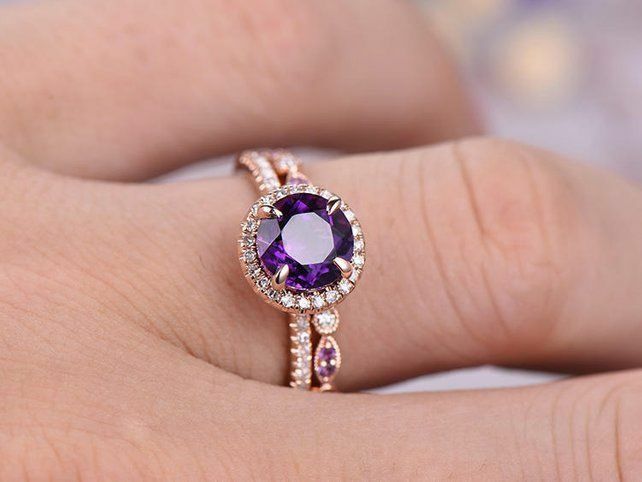 2CT Round Cut Amethyst 14k Gold Over Eternity Engagement Diamond Bridal Set Ring - atjewels.in