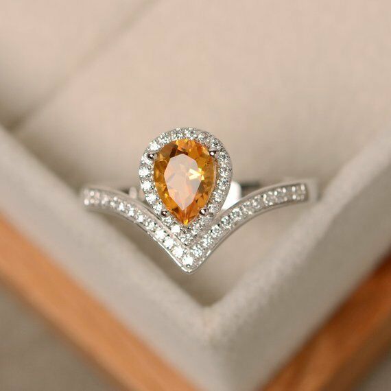 1 CT Pear Cut Citrine & Diamond 14k White Gold Over Halo Engagement Womens Ring - atjewels.in