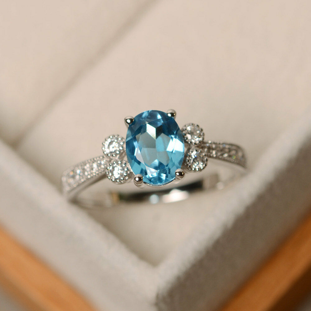 1 CT Oval Swiss Blue Topaz 14k White Gold Over Diamond Solitaire Engagement Ring - atjewels.in
