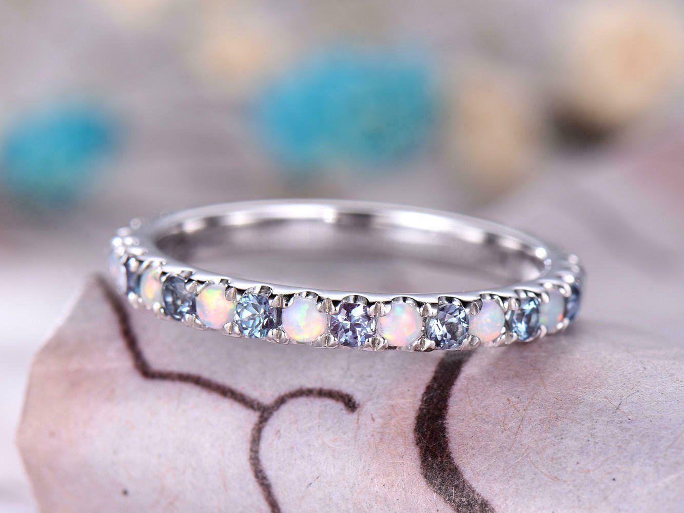 1.5 CT Round Cut Alexandrite Opal 14k White Gold Over Eternity Wedding Band Ring - atjewels.in