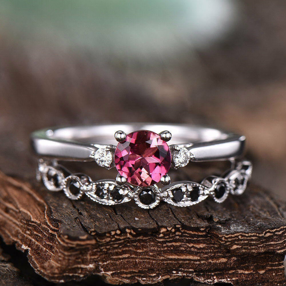 1 CT Round Cut Tourmaline 14k White Gold Over Wedding Diamond Bridal Ring Set - atjewels.in