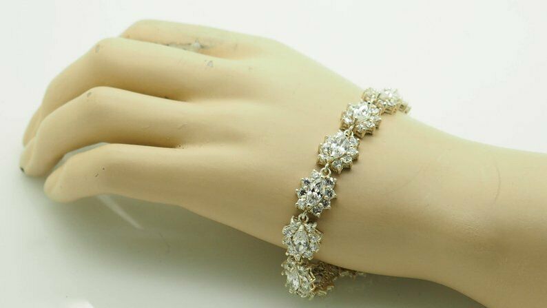 13CT Marquise Cut Diamond 14K White Gold Over Floral 7'' Tennis Wedding Bracelet - atjewels.in