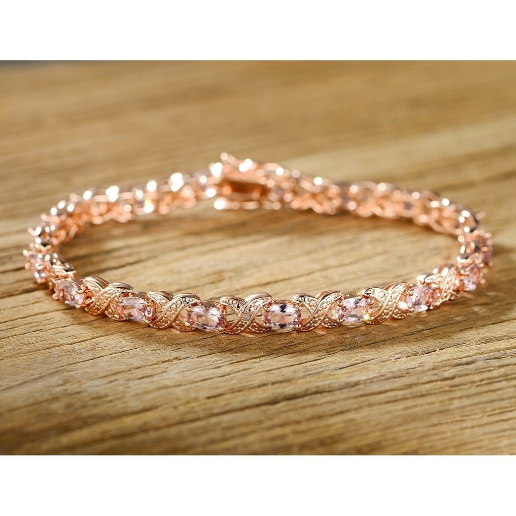 5 CT Oval Cut Morganite 14k Solid Rose Gold Over Infinity Tennis 7" Bracelet - atjewels.in