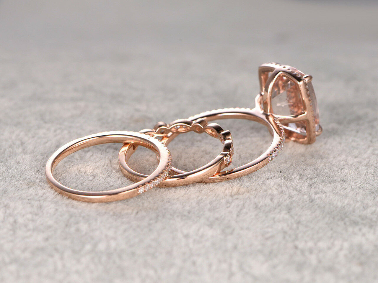2 CT Cushion Cut Morganite Wedding Set Trio Diamond Ring 14k Rose Gold Over - atjewels.in