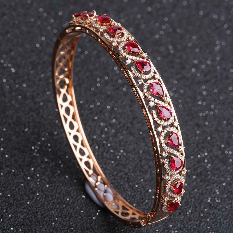 5 CT Pear Cut Red Ruby 14k Rose Gold Over Diamond Party Wear Bangle Bracelet - atjewels.in