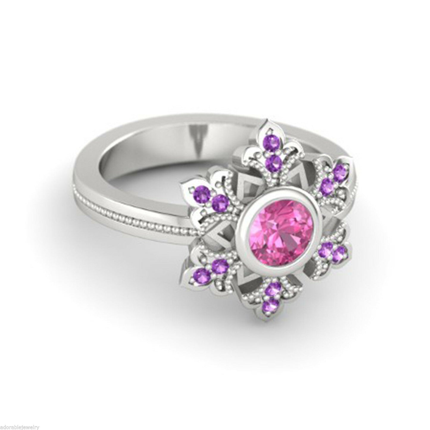 1CT Round Cut Sapphire & Amethyst 14k White Gold FN Wedding Disney Princess Ring - atjewels.in